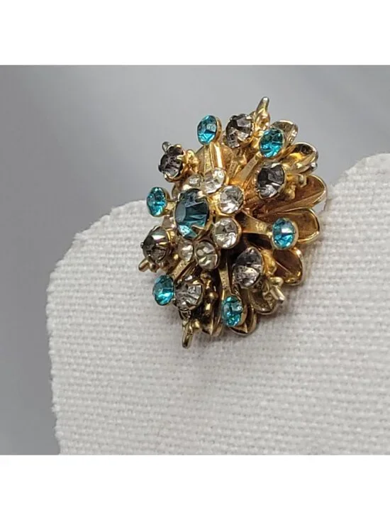 Vtg Gold-Tone Rhinestone Starburst Brooch Pin Turquoise & Clear Crystals Floral - Picture 6 of 10